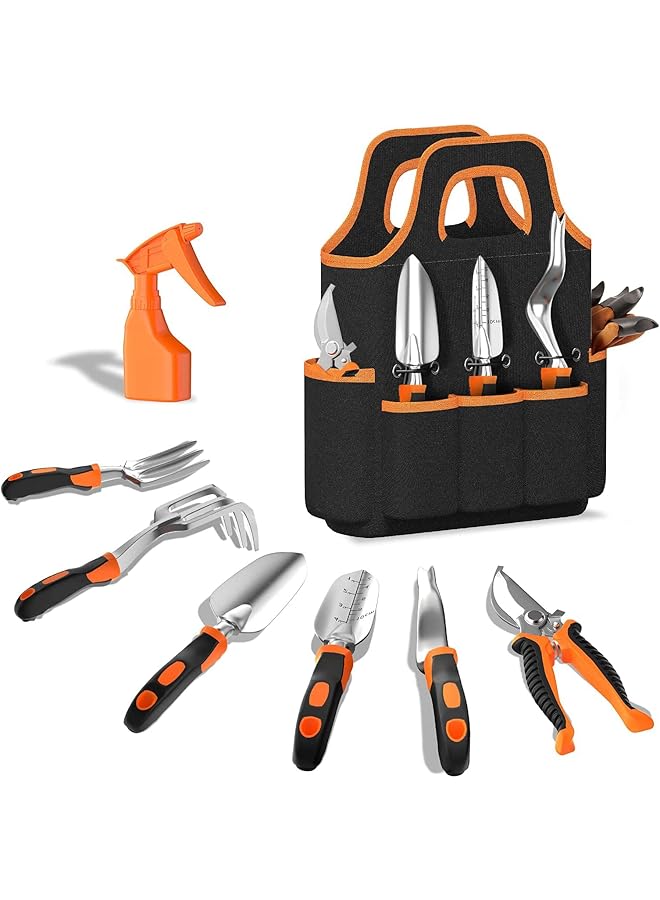 promass Gardening Tool Set - 9 Pieces Aluminium Alloy Garden Tools Kit Included Hand Trowel Shovels Rake, Garden Gloves and Garden Tote, Heavy Duty Garden Spade, Steel Pruning Shears, Garden Gifts - Image 1