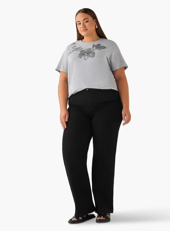 Ulla Popken Ulla Popken Regular Fit Cotton T-shirt with Floral Embellishment