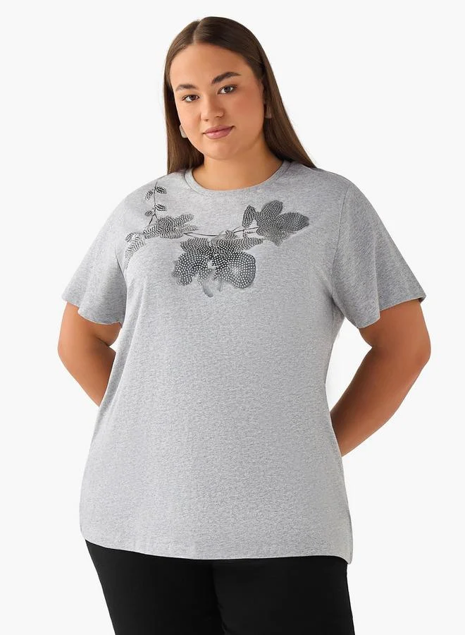 Ulla Popken Ulla Popken Regular Fit Cotton T-shirt with Floral Embellishment