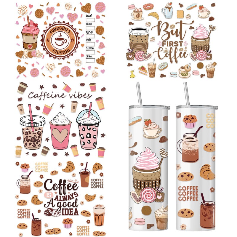 Rngmsi UV DTF Cup Wrap - 4 Sheets Coffee UV DTF Cup Wraps for 20 oz Tumbler, Milk Tea Uvdtf Decals, Drink Cake Ice Cream Rub on Transfer Stickers for Glass, DIY Waterproof Personalized Crafts - Image 1