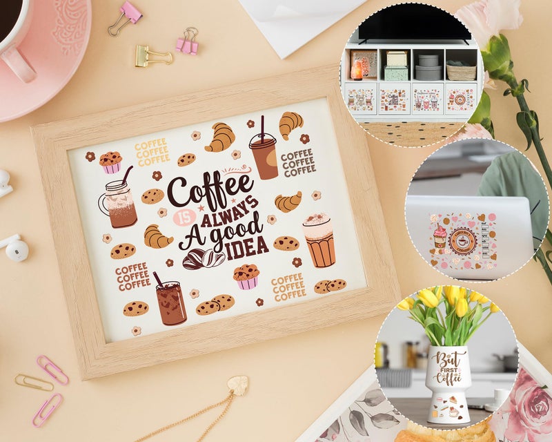 Rngmsi UV DTF Cup Wrap - 4 Sheets Coffee UV DTF Cup Wraps for 20 oz Tumbler, Milk Tea Uvdtf Decals, Drink Cake Ice Cream Rub on Transfer Stickers for Glass, DIY Waterproof Personalized Crafts - Image 5