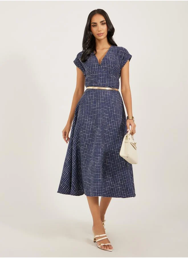 Styli Tweed Cap Sleeves A-Line Midi Dress with Chain Belt