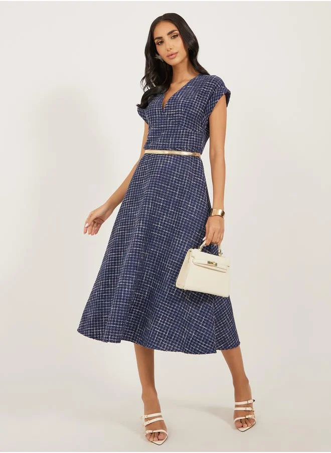 Styli Tweed Cap Sleeves A-Line Midi Dress with Chain Belt