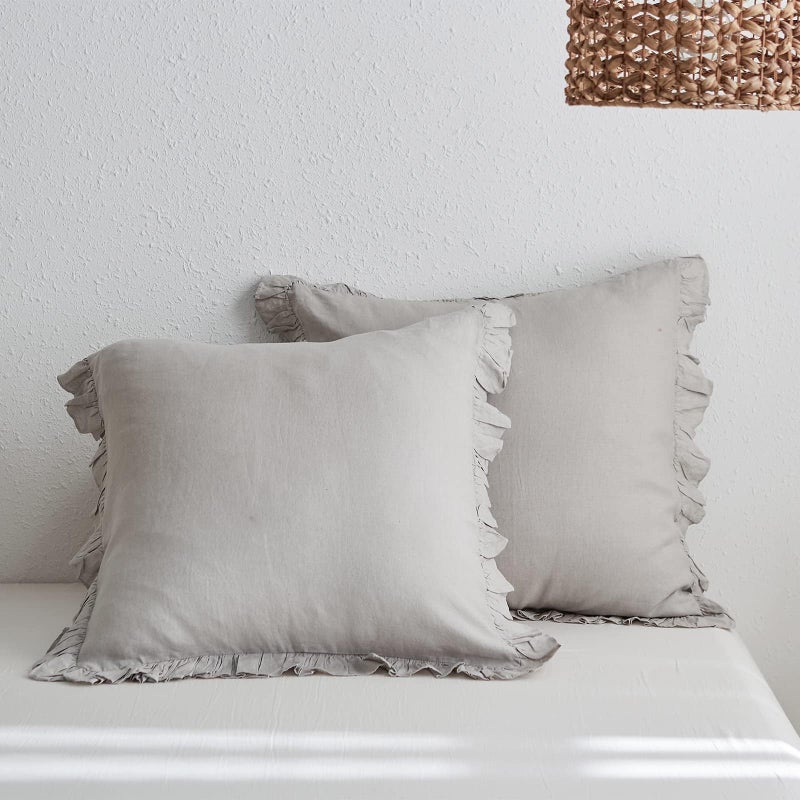 SimpleOpulence 100 Linen Euro Sham Covers with Ruffle 26x26 Inch Pillow Covers Set of 2 Euro Pillow Shams for Bed Couch French Home Decor Luxury and Breathable Square Pillow Cases Light Grey