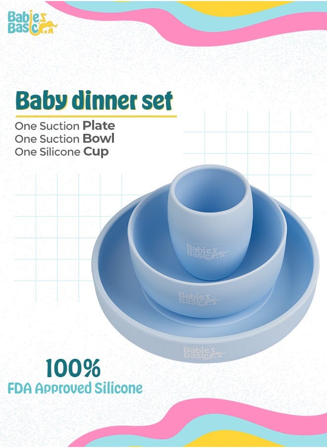 Babies Basic Silicone Plate, Bowl & Cup- Blue  - Image 2