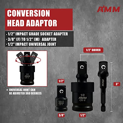 AMM مجموعة مفاتيح صدمة عميقة AMM 1/2"، 35 قطعة، مجموعة مفاتيح SAE من 3/8 إلى 1-1/4 بوصة ومقاسات مترية من 10-24 مم، تشمل قضبان تمديد، وصلة عالمية ومحولات، تصميم 6 نقاط، فولاذ Cr-V - Image 3
