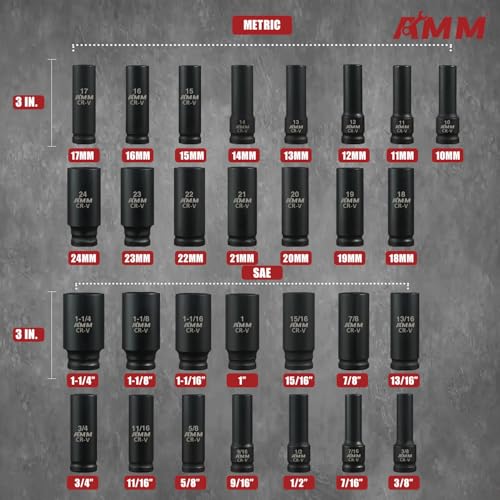AMM مجموعة مفاتيح صدمة عميقة AMM 1/2"، 35 قطعة، مجموعة مفاتيح SAE من 3/8 إلى 1-1/4 بوصة ومقاسات مترية من 10-24 مم، تشمل قضبان تمديد، وصلة عالمية ومحولات، تصميم 6 نقاط، فولاذ Cr-V - Image 2