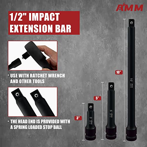 AMM مجموعة مفاتيح صدمة عميقة AMM 1/2"، 35 قطعة، مجموعة مفاتيح SAE من 3/8 إلى 1-1/4 بوصة ومقاسات مترية من 10-24 مم، تشمل قضبان تمديد، وصلة عالمية ومحولات، تصميم 6 نقاط، فولاذ Cr-V - Image 4