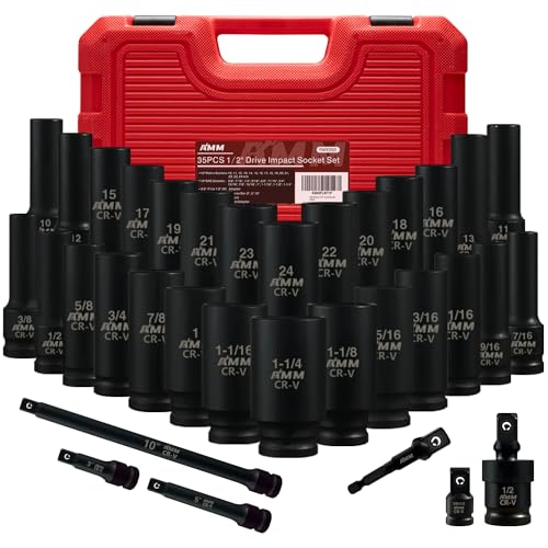 AMM مجموعة مفاتيح صدمة عميقة AMM 1/2"، 35 قطعة، مجموعة مفاتيح SAE من 3/8 إلى 1-1/4 بوصة ومقاسات مترية من 10-24 مم، تشمل قضبان تمديد، وصلة عالمية ومحولات، تصميم 6 نقاط، فولاذ Cr-V - Image 1