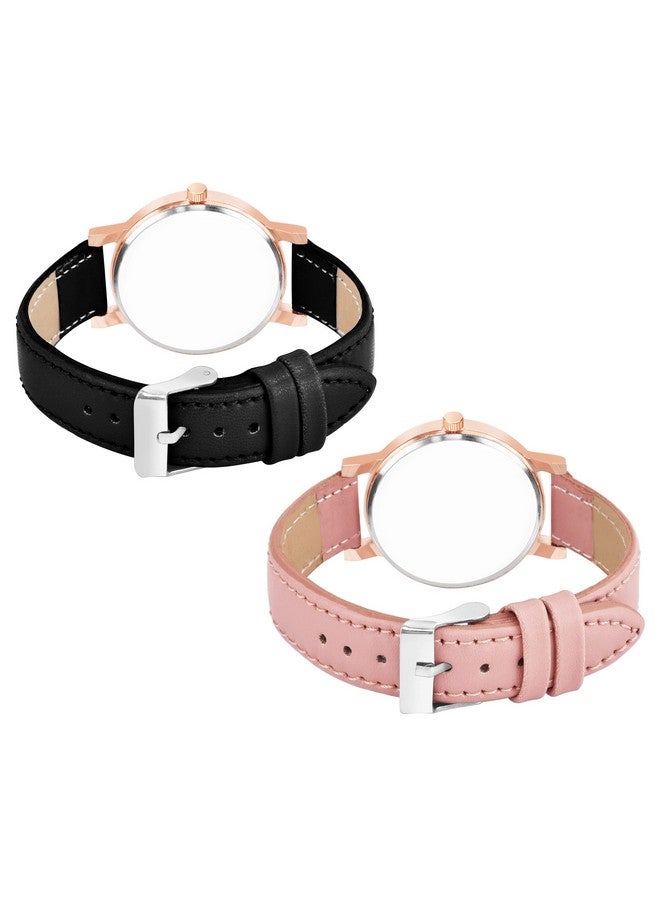 The Shopoholic Analog Flowered Dial Black Peach Colour Leather Strap Combo Watch for Womens and Girls Pack of 2 Watches - Image 2