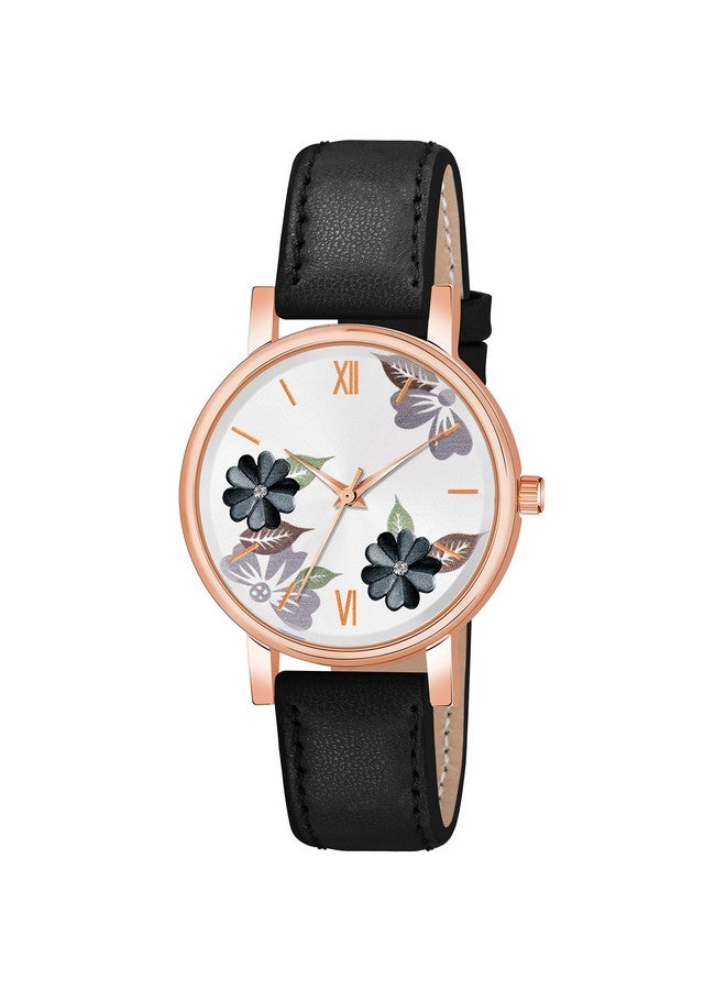 The Shopoholic Analog Flowered Dial Black Peach Colour Leather Strap Combo Watch for Womens and Girls Pack of 2 Watches - Image 3