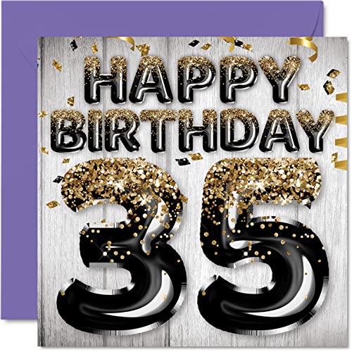 Stuff4 35th Birthday Card for Men - Black & Gold Glitter Balloons - Happy Birthday Cards for 35 Year Old Man Friend Brother Dad Papa Pops Uncle, 5.7 x 5.7 Inch Thirty-Five Thirty-Fifth Greeting Cards Gift - Image 1