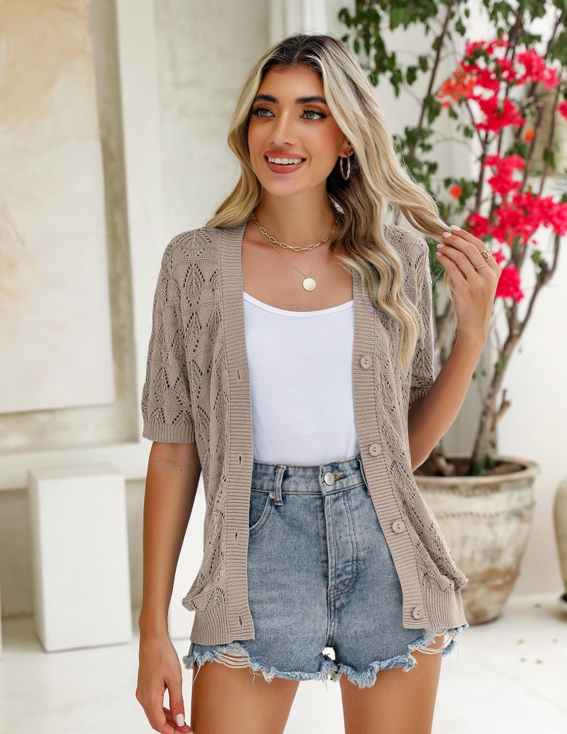 zeagoo كارديجان صيفي خفيف الوزن للنساء من زياجو بأكمام قصيرة، سترة كروشيه محبوكة، زر مغلق، توب بيج - Image 4