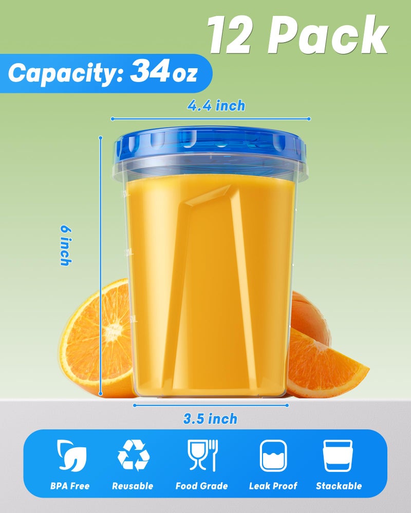 BiuLeon 12 Pack-34oz Freezer Storage Containers, Plastic Food Storage Containers with Twist Top Lids, BPA Free and Reusable Soup Containers with Lid, Microwave and Dishwasher Safe - Image 2