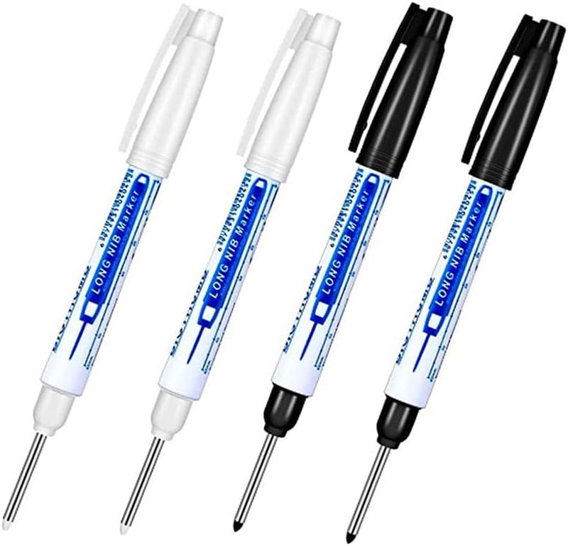 TopHomer 4 PCS Deep Hole Marker Pens, Waterproof Long Head Marker Pens 30mm Fine Tip Reach Marking Tool for Woodworking, Construction, Manufacture (Black + White) All-scene tailored quality - Image 1