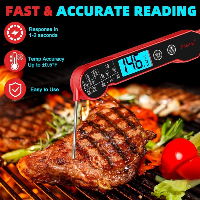 Tinerray Digital Meat Thermometer for Cooking – Waterproof Instant Read Food Thermometer with Backlight & Calibration, Fast Read, Folding Probe for BBQ, Grill, Candy, Deep Fry, Kitchen, Liquids, Beef（Red） - Image 2