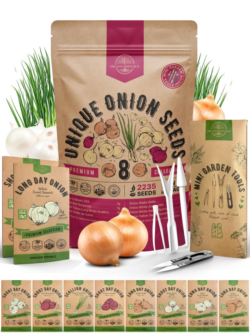 Organo Republic عبوة متنوعة من بذور البصل 8 من أورجانو ريبابليك، وراثية، غير معدلة وراثيًا، لمجموعات الزراعة الداخلية والخارجية. 2200+ بذور: وولا وولا، بصل أخضر، بصل أحمر بورغندي، بصل أبيض وأصفر حلو إسباني. - Image 1