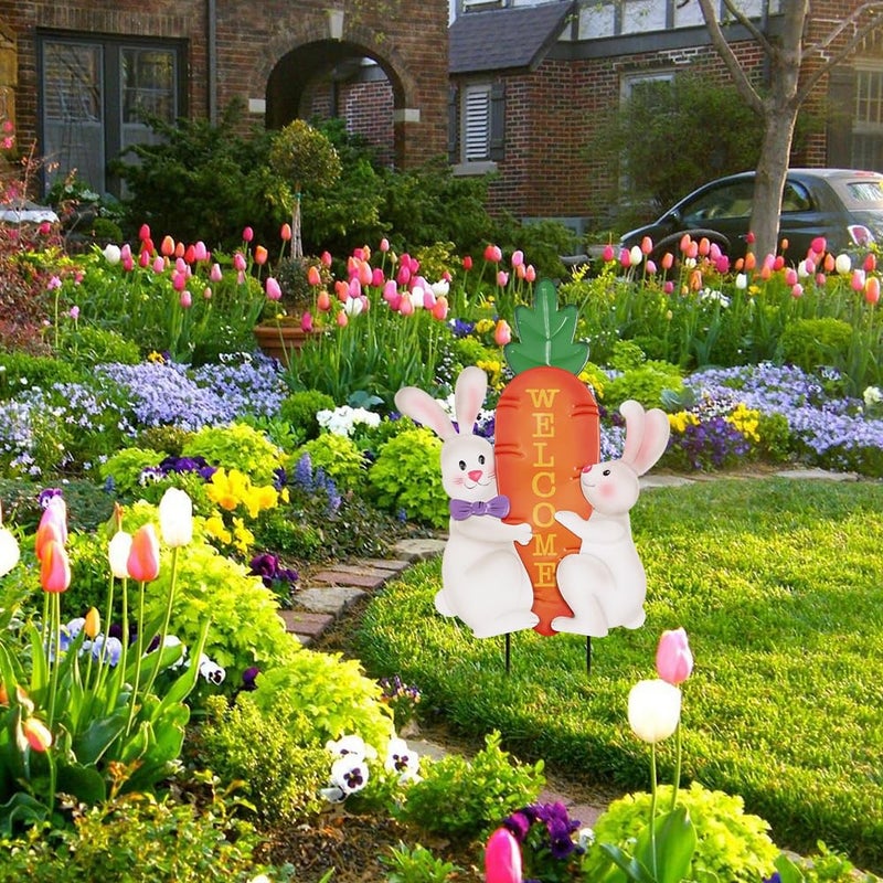 hogardeck Easter Decorations Outdoor, 26 Inch Cute Bunny Carrot Decorative Garden Stakes for Easter Decor, Welcome Metal Yard Sign for Home Spring Outside Garden Front Porch Lawn Backyard - Image 2