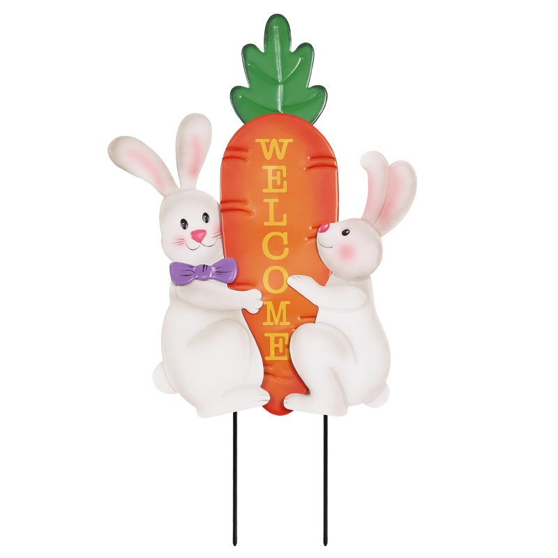 hogardeck Easter Decorations Outdoor, 26 Inch Cute Bunny Carrot Decorative Garden Stakes for Easter Decor, Welcome Metal Yard Sign for Home Spring Outside Garden Front Porch Lawn Backyard - Image 1
