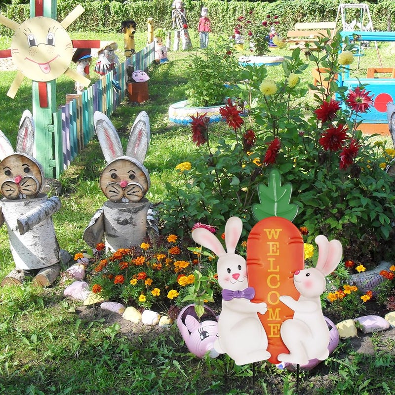 hogardeck Easter Decorations Outdoor, 26 Inch Cute Bunny Carrot Decorative Garden Stakes for Easter Decor, Welcome Metal Yard Sign for Home Spring Outside Garden Front Porch Lawn Backyard - Image 3
