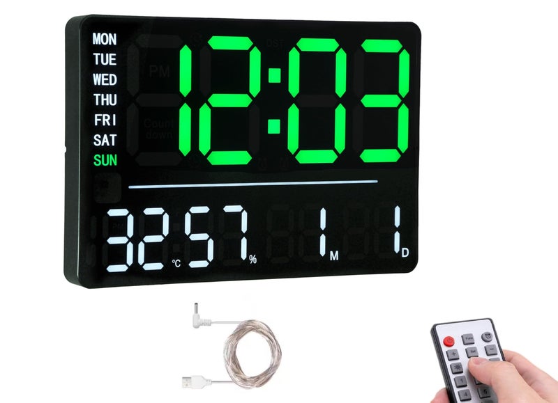 ELEXIQ Large-Digital-Wall-Clock Large Display with Remote Control, Automatic Brightness Alarm Clock with Temperature, Date, Week for Living Room Office Decor (16" Square Green &White) - Image 1