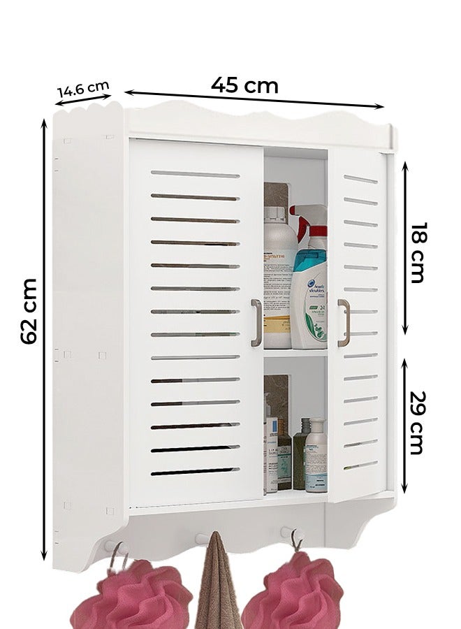 Eworld Premium Plastic Wall-Mounted Bathroom Cabinet with Doors, 3 Hanging Hooks, and Exquisite Carved Design to Elevate Bathroom Style while Maximizing Toilet Storage Space. (Large/Small) - Image 3