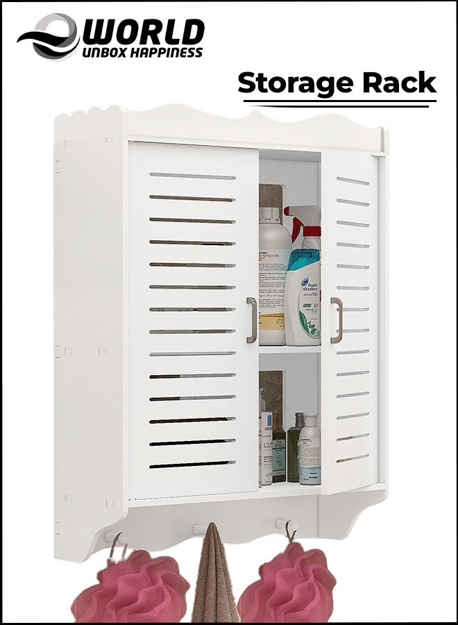 Eworld Premium Plastic Wall-Mounted Bathroom Cabinet with Doors, 3 Hanging Hooks, and Exquisite Carved Design to Elevate Bathroom Style while Maximizing Toilet Storage Space. (Large/Small) - Image 1