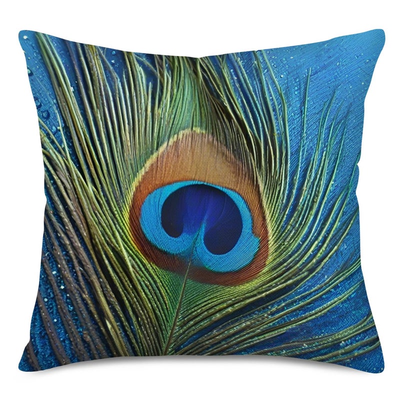 Fukeen Colorful Peacock Feather Decorative Throw Pillow Cases 4 Pcs Cotton Linen Standard 18x18 Inch Cushion Cover Natural Style for Home Sofa Couch Decor Pillowcase Green Blue - Image 2