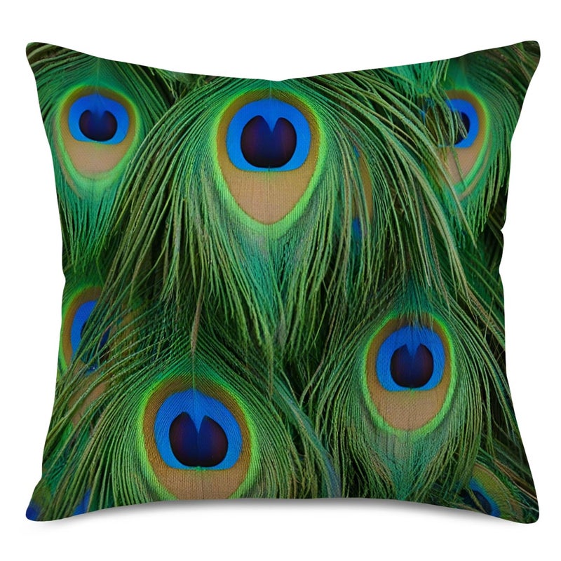 Fukeen Colorful Peacock Feather Decorative Throw Pillow Cases 4 Pcs Cotton Linen Standard 18x18 Inch Cushion Cover Natural Style for Home Sofa Couch Decor Pillowcase Green Blue - Image 3