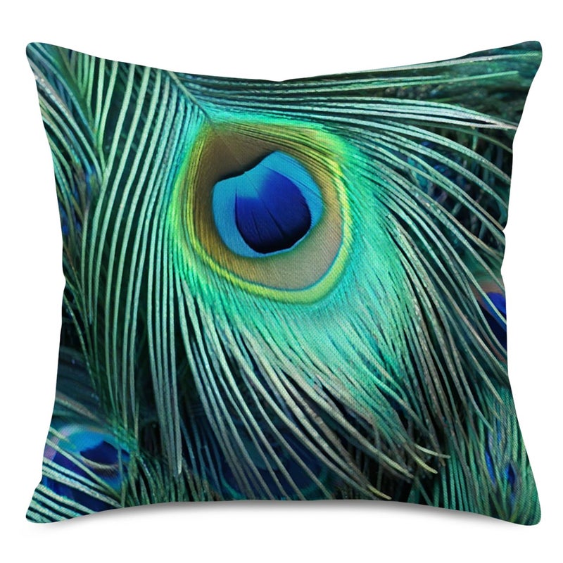 Fukeen Colorful Peacock Feather Decorative Throw Pillow Cases 4 Pcs Cotton Linen Standard 18x18 Inch Cushion Cover Natural Style for Home Sofa Couch Decor Pillowcase Green Blue - Image 5