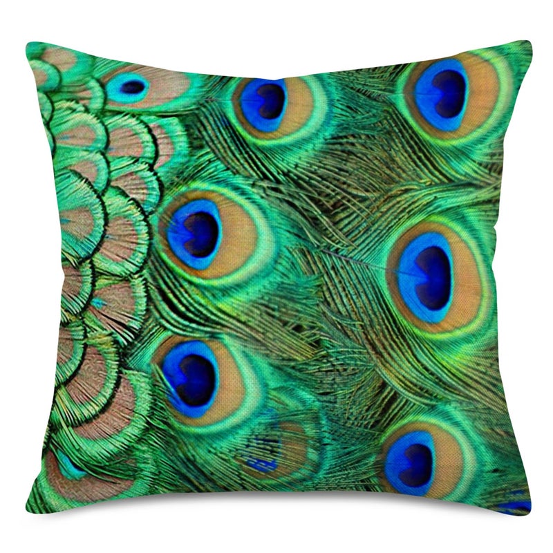 Fukeen Colorful Peacock Feather Decorative Throw Pillow Cases 4 Pcs Cotton Linen Standard 18x18 Inch Cushion Cover Natural Style for Home Sofa Couch Decor Pillowcase Green Blue - Image 4