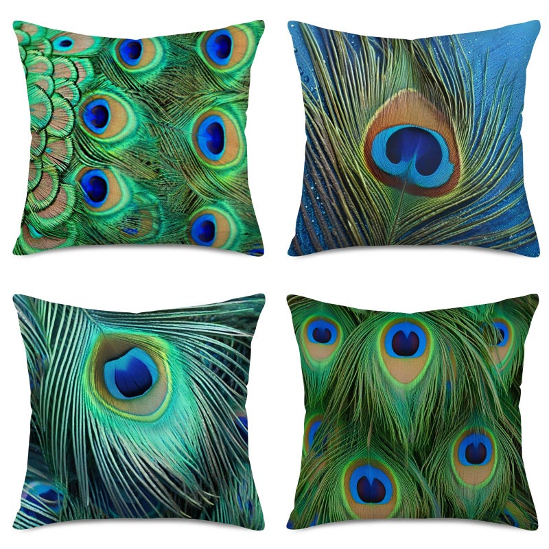 Fukeen Colorful Peacock Feather Decorative Throw Pillow Cases 4 Pcs Cotton Linen Standard 18x18 Inch Cushion Cover Natural Style for Home Sofa Couch Decor Pillowcase Green Blue - Image 1
