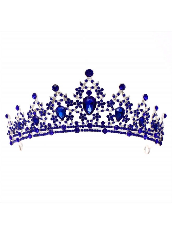 FORSEVEN Crystal Wedding Crown Queen Tiara Bride Crowns for Women Girls Rhinestone Decor Headband Hairband Princess Birthday Party Tiaras Bridal Hair Ornaments Wedding Supplies Accessories (Blue) - Image 1