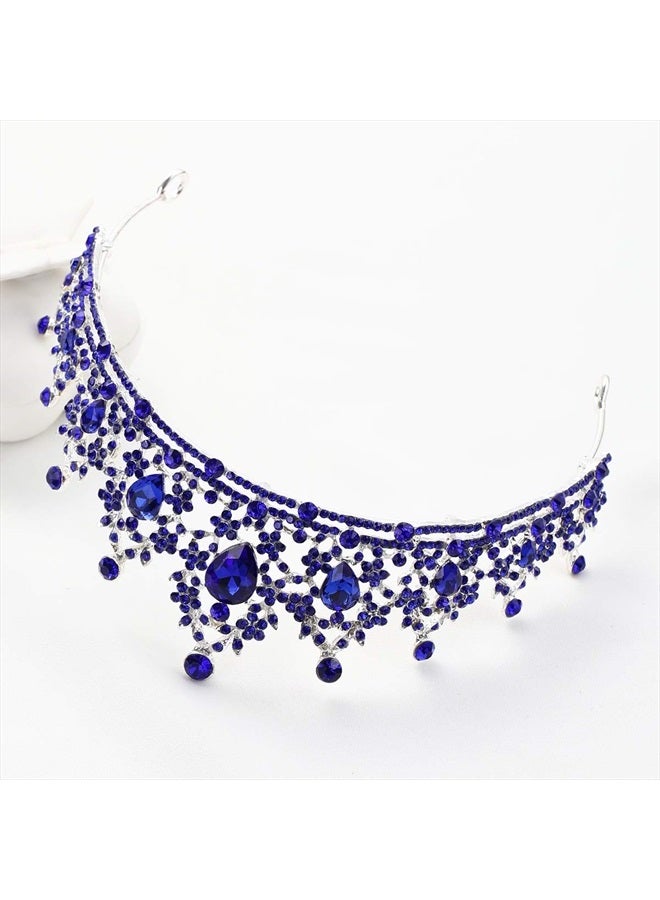 FORSEVEN Crystal Wedding Crown Queen Tiara Bride Crowns for Women Girls Rhinestone Decor Headband Hairband Princess Birthday Party Tiaras Bridal Hair Ornaments Wedding Supplies Accessories (Blue) - Image 4