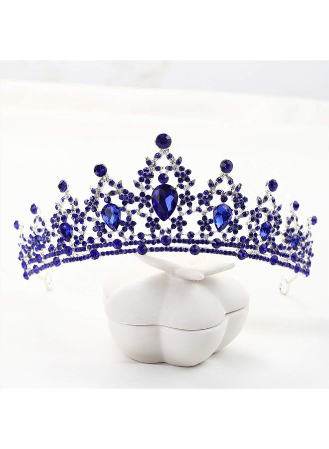 FORSEVEN Crystal Wedding Crown Queen Tiara Bride Crowns for Women Girls Rhinestone Decor Headband Hairband Princess Birthday Party Tiaras Bridal Hair Ornaments Wedding Supplies Accessories (Blue) - Image 2