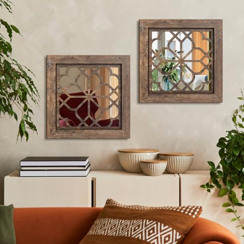 HMANGE Boho Wall Mirror Decor Set of 2 Rustic Farmhouse Mirror 12x12 Inch Square Shatterproof Vintage Style Mirrors for Wall Small Decorative Mirrors for Living Room BedroomRedbrown - Image 3