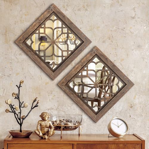 HMANGE Boho Wall Mirror Decor Set of 2 Rustic Farmhouse Mirror 12x12 Inch Square Shatterproof Vintage Style Mirrors for Wall Small Decorative Mirrors for Living Room BedroomRedbrown - Image 1