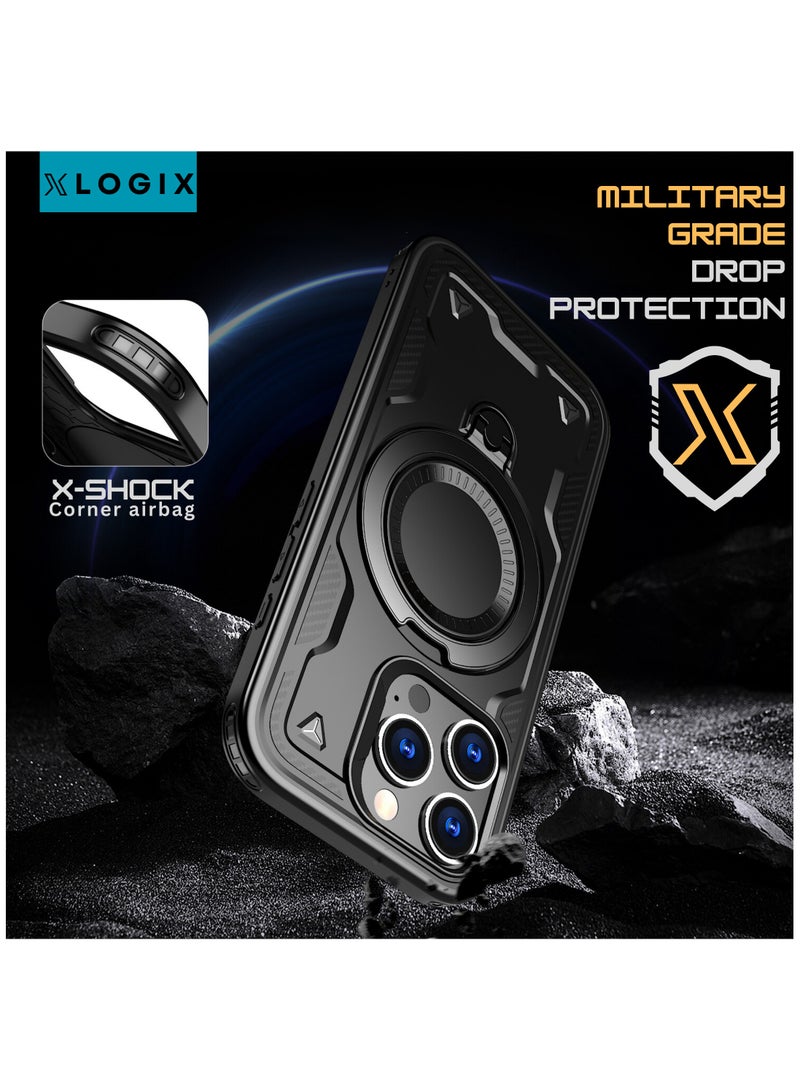 XLogiX for iPhone 16 Pro | Armoured Case with Built-in Kickstand | Heavy-Duty Protection | Shockproof | Slim Design | Compatible with MagSafe Accessories, ArmourX Series- BLACK - Image 2