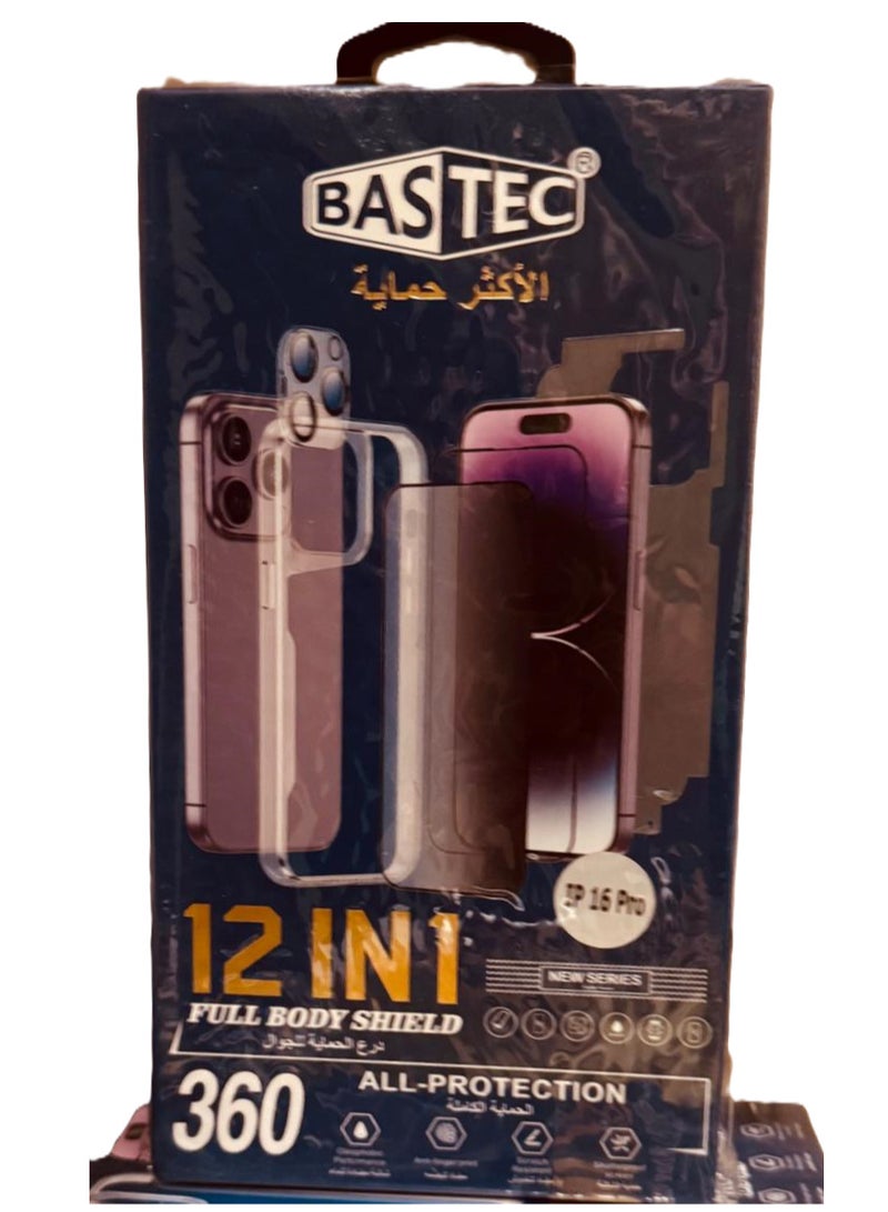 باس تيك بكج حماية ايفون 12 في 1  ايفون 16 برو  من باستك. شاشة حماية زجاج ضد الكسر والخدوش . شاشة حماية لقافة . كفر صلب شفاف , ستيكر خلفي . حماية عدسة الكاميرا و قطعة ماج سيف و مشبك حمايه ومناديل تنظيف - Image 3
