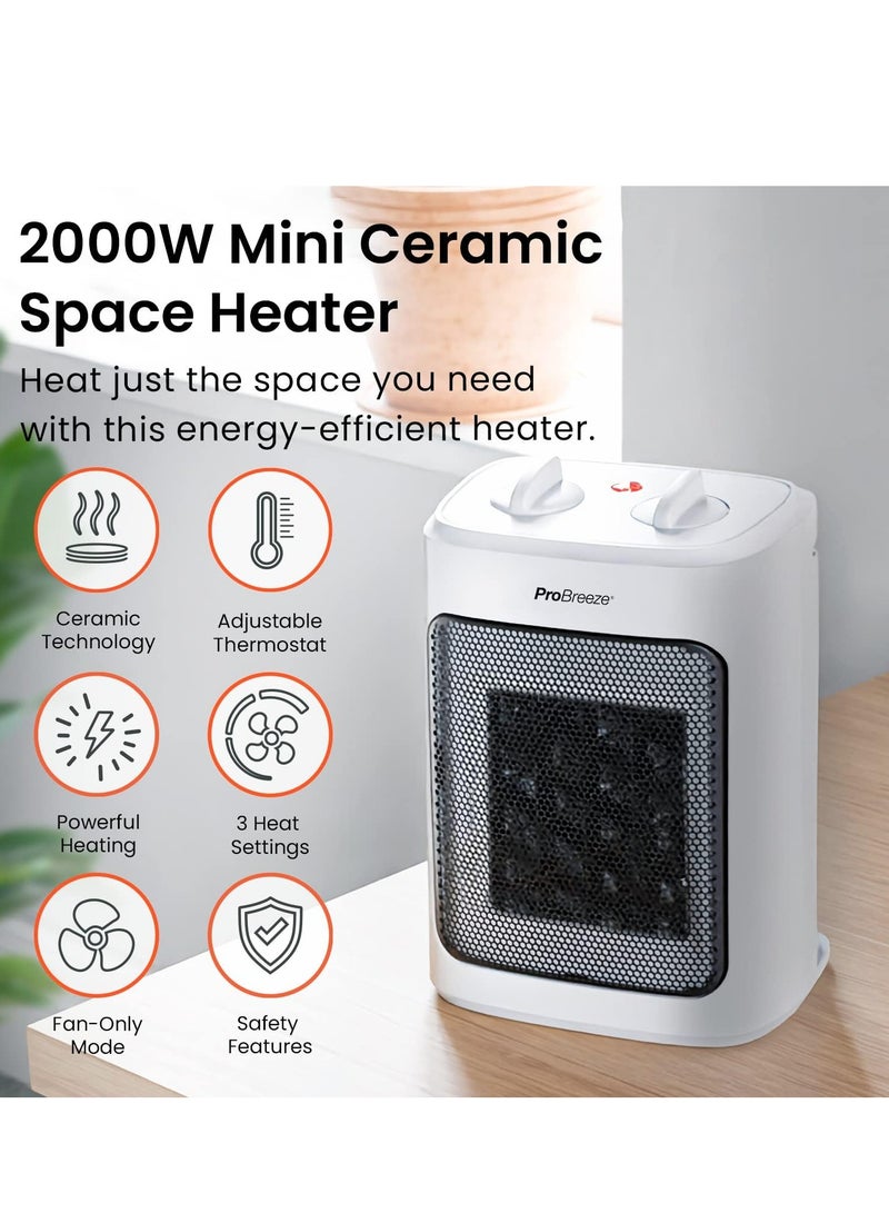 برو_بريز دفاية كهربائية سيراميك صغيرة بقوة 2000 وات، 3 إعدادات للحرارة ووضع المروحة فقط مع حماية مدمجة من الحرارة الزائدة والانقلاب، سخان كهربائي للمنزل والمكتب وغرفة النوم - Image 3