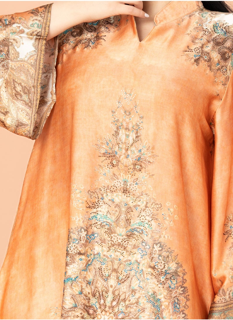 IKKXA Mandarin Collar Printed Jalabiya IK1011 Orange  - Image 2