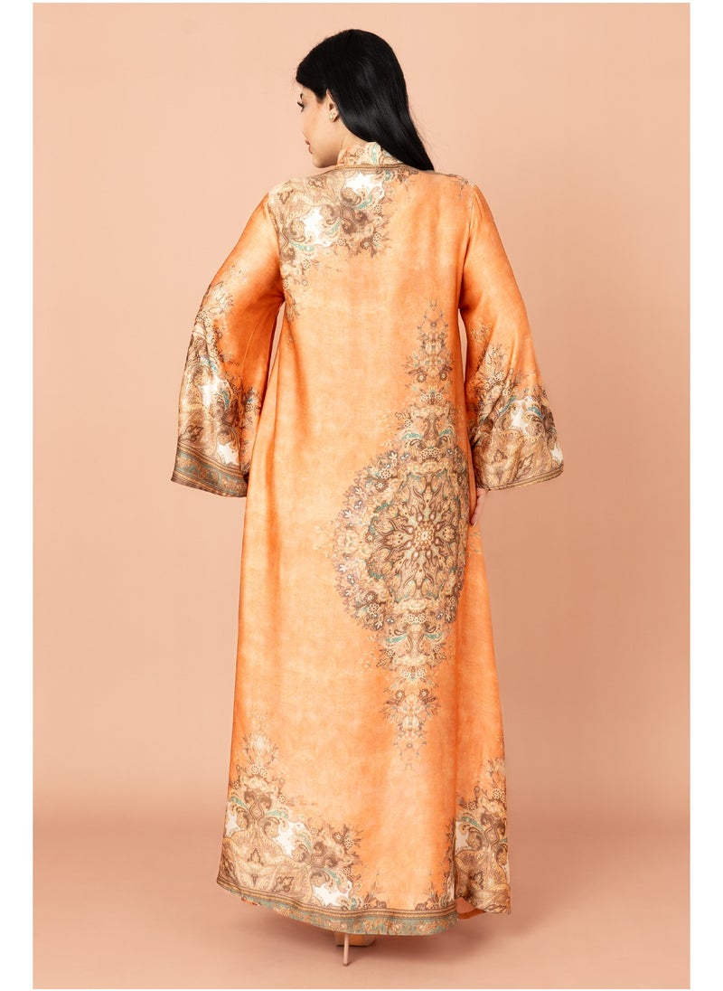 IKKXA Mandarin Collar Printed Jalabiya IK1011 Orange  - Image 4