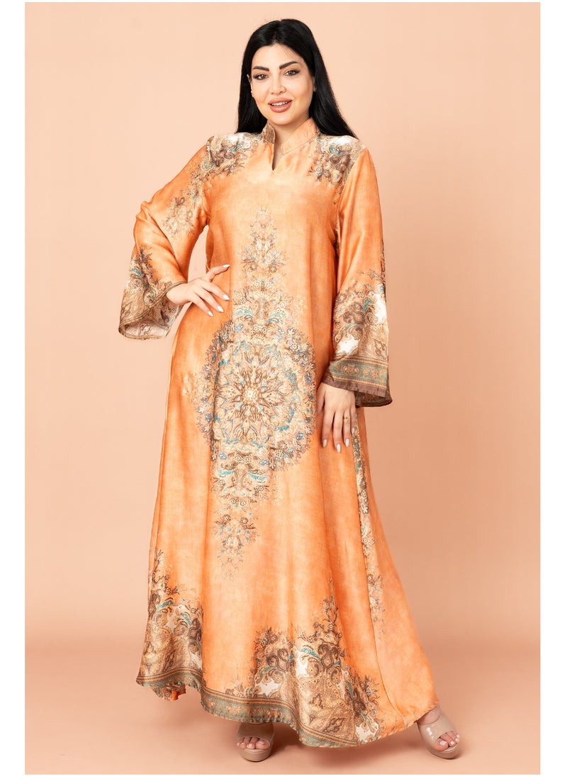 IKKXA Mandarin Collar Printed Jalabiya IK1011 Orange  - Image 1