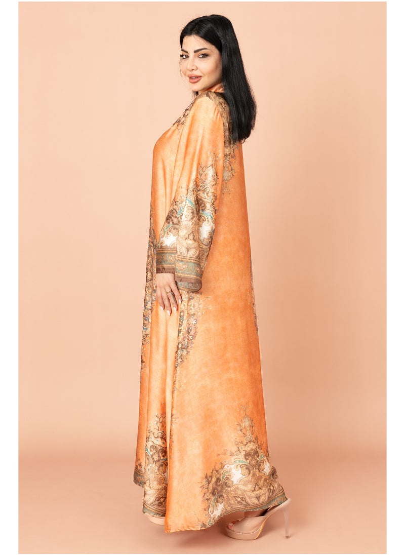 IKKXA Mandarin Collar Printed Jalabiya IK1011 Orange  - Image 3