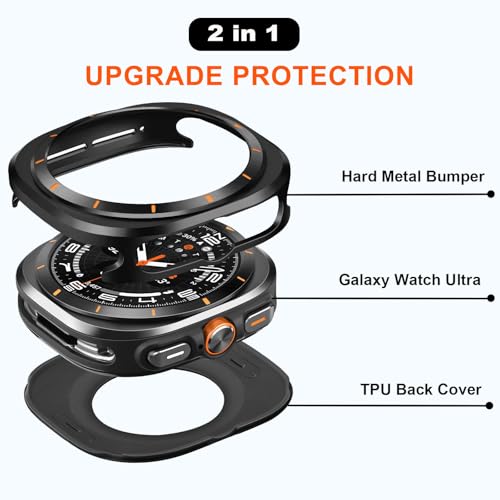 Suphart Metal Cases Compatible with Samsung Galaxy Watch Ultra (2025/2024) 47mm Case, Stainless Steel Protective Cover Rugged Bumper with Back Frame for Galaxy Watch Ultra, Black/Orange - Image 2