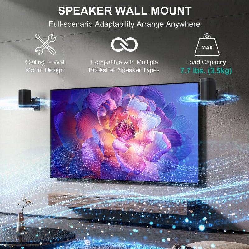 WALI Speaker Wall Mount, Surround Sound Speaker Stand with Adjustable Swivel Tilt Angle, Small Bookshelf Speaker Mount for Living Room, Home Theater, Hold up to 7.7 Lbs, (SWM202), 2 Pack, Black - Image 3