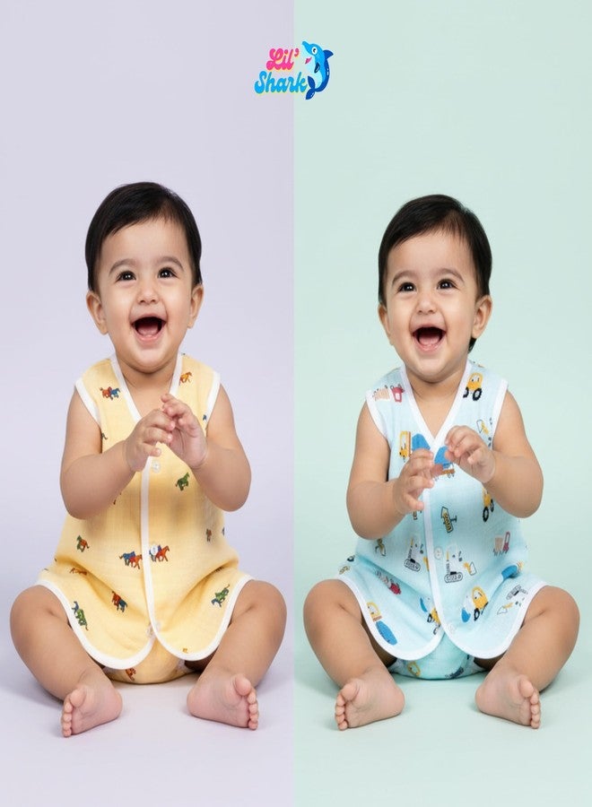 Lil' Shark Muslin Baby Jabla Vest Set | Sleeveless Jhablas for Newborns | Cute Cartoon Prints for Boys & Girls (in |Age | 0 Months | 3 Months | 3 | Combo 2) - Image 2