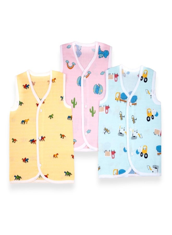 Lil' Shark Muslin Baby Jabla Vest Set | Sleeveless Jhablas for Newborns | Cute Cartoon Prints for Boys & Girls (in |Age | 0 Months | 3 Months | 3 | Combo 2) - Image 1
