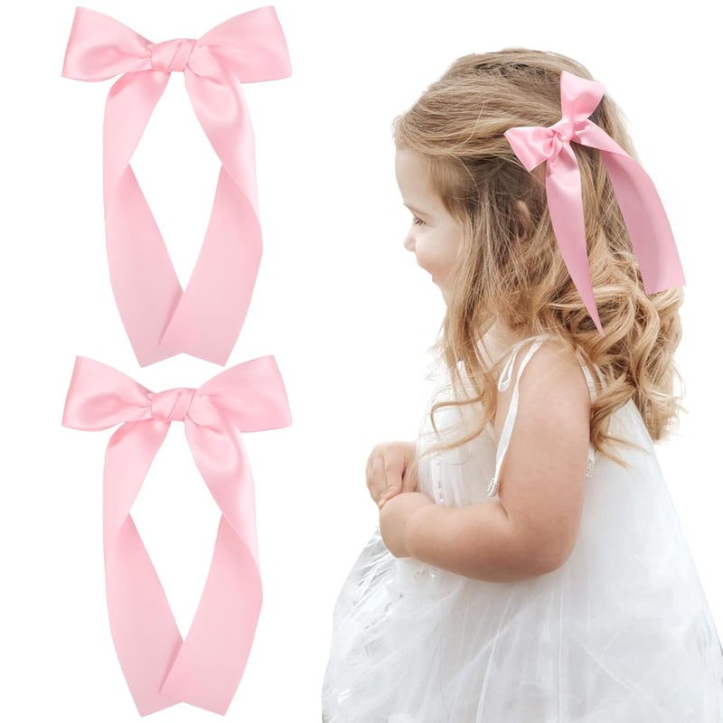 NCMAMA 2Pcs Long Ribbon Hair Bows for Girls Hair Clip Silk Hair Bow Ribbon Hair Accessories for Baby Toddlers Infant Teens Kids Pink