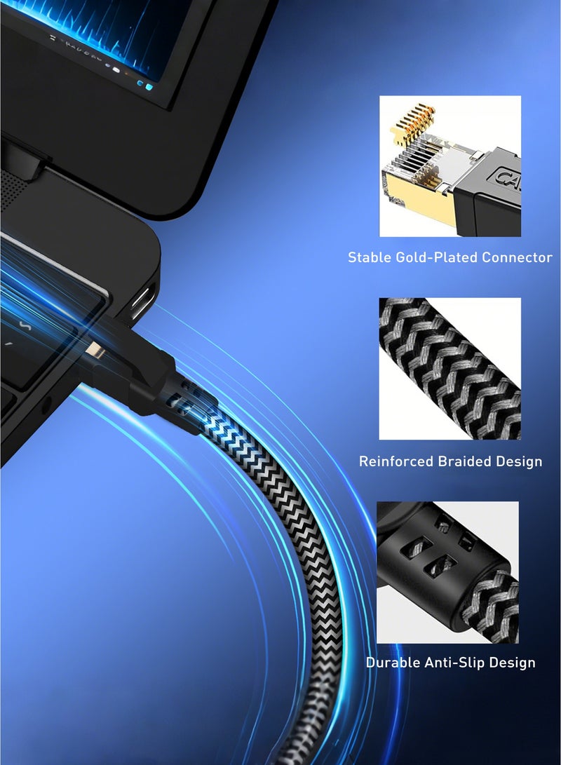 هواو جي كابل إيثرنت Cat8 بطول 3 أمتار، سرعة عالية تصل إلى 40 جيجابت في الثانية وعرض نطاق 2000 ميجاهرتز، كابل LAN مسطح، مضفر بنسيج نايلون متين ومحمي، موصل RJ45 للإنترنت، مثالي للألعاب، الكمبيوتر، PS5، Xbox، الراوتر، المودم، ومُقوي الواي فاي – اللون الأسود - Image 3